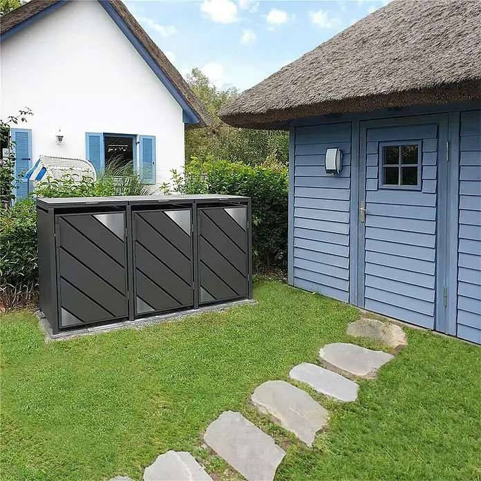 Metzler Mülltonnenbox - 198,5 x 80 cm, Stahl, Anthrazit, Geeignet für Anzahl Mülltonnen: 3 Stk. - Mülltonnenbox aus Metall für drei Tonnen, diagonales Design, wetterfest, für einen ordentlichen Außenbereich.