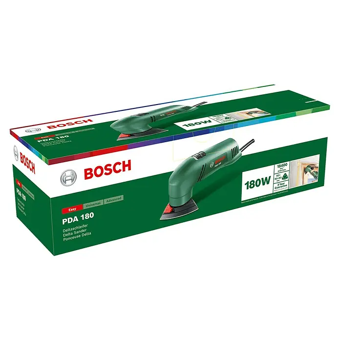 Bosch Elektro-Deltaschleifer PDA 180 - 180 W, Breite Schleifplatte: 92 mm, Länge Schleifplatte: 80 mm - Verpackung eines Bosch PDA 180 Deltaschleifers, ein praktisches Werkzeug zum Schleifen von Ecken und Kanten.