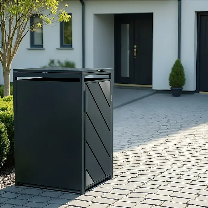 Metzler Mülltonnenbox - 68 x 80 cm, Stahl, Anthrazit, Geeignet für Anzahl Mülltonnen: 1 Stk. - Der moderne Mülltonnenbox mit diagonalen Mustern und einer praktischen Klappe, ideal für jeden Eingangsbereich.