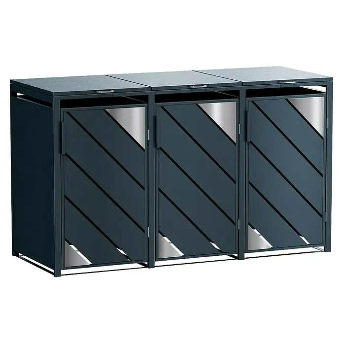 Metzler Mülltonnenbox - 198,5 x 80 cm, Stahl, Anthrazit, Geeignet für Anzahl Mülltonnen: 3 Stk. - Drei Abfallbehälter mit Schrägstreifen-Design und glänzenden Akzenten. Robust und stilvoll für die Abfalltrennung im Innen- und Aussenbereich.