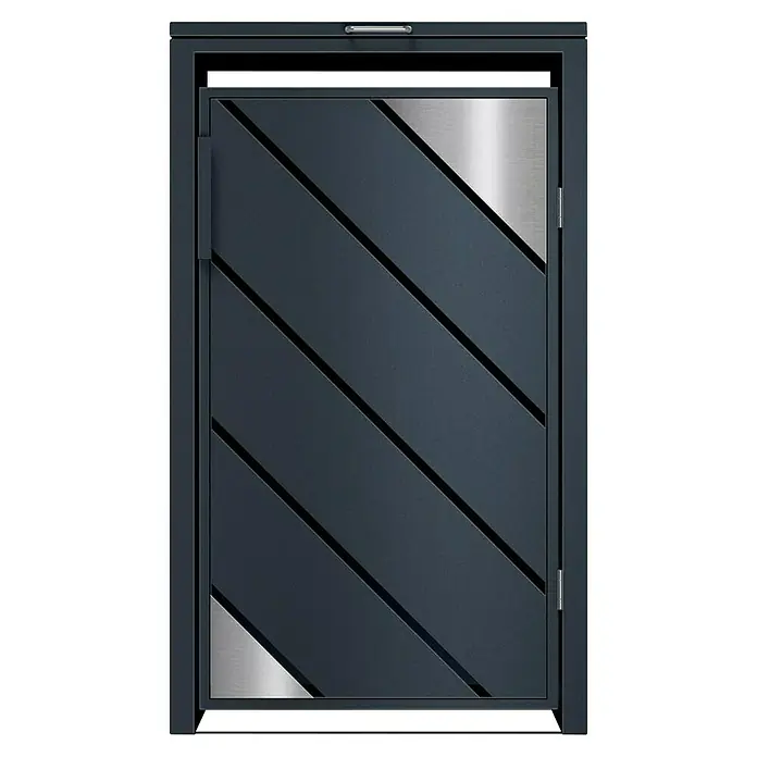 Metzler Mülltonnenbox - 68 x 80 cm, Stahl, Anthrazit, Geeignet für Anzahl Mülltonnen: 1 Stk. - Bild einer modernen Haustür in Anthrazit mit diagonal verlaufenden Elementen und silberfarbenen Akzenten. Stilvolles Design für einen einladenden Eingangsbereich.