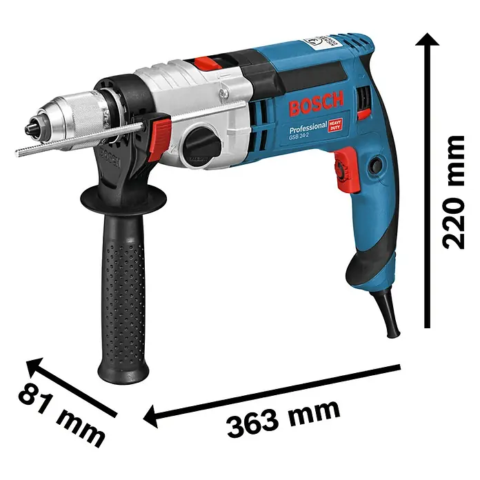 Bosch Professional Schlagbohrmaschine GSB 24-2 - 1.100 W, Schnellspannbohrfutter - Abbildung einer blauen Bosch GSB 24-2 Heavy Duty Bohrmaschine mit den Maßen 81 mm x 363 mm x 220 mm.