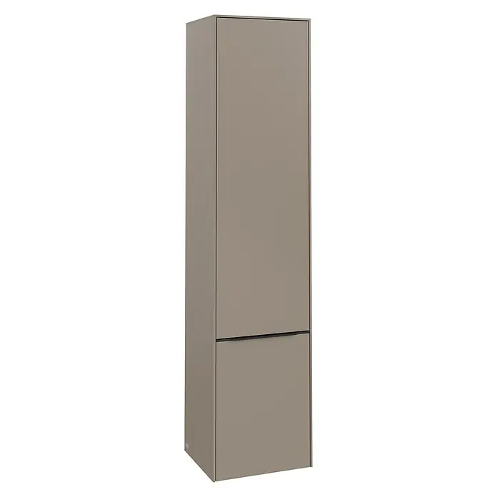 Villeroy & Boch Subway 3.0 Hochschrank - B x T x H: 40 x 36,2 x 171 cm, 2x Tür, Taupe, Farbe Griff: Volcano black, DIN Anschlag: Rechts - Ein schmaler, beiger Kühlschrank mit zwei Fächern. Das Design ist modern und minimalistisch. Die Oberflächen sind glatt und matt.