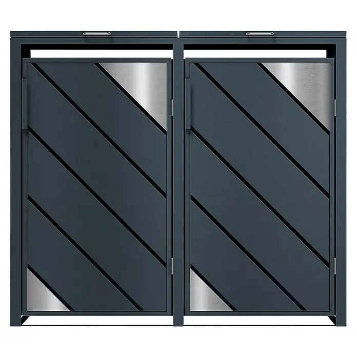 Metzler Mülltonnenbox - 132 x 80 cm, Stahl, Anthrazit, Geeignet für Anzahl Mülltonnen: 2 Stk. - Bild einer modernen Doppeltür mit diagonalen Elementen und Metallakzenten.
