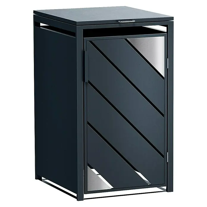 Metzler Mülltonnenbox - 68 x 80 cm, Stahl, Anthrazit, Geeignet für Anzahl Mülltonnen: 1 Stk. - Ein stilvoller, anthrazitfarbener Mülltonnenbox mit diagonalen Lamellen und Edelstahldetails, ideal für den Außenbereich.