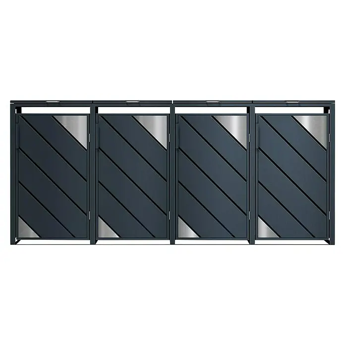 Metzler Mülltonnenbox - Stahl, Anthrazit, Geeignet für Anzahl Mülltonnen: 4 Stk. - Bild einer modernen, anthrazitfarbenen Torkonstruktion mit diagonalen Lamellen und Metalleinsätzen, die ein stilvolles und sicheres Design bietet.