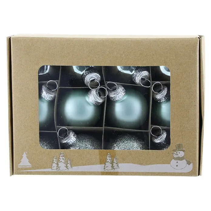 Geroma Weihnachtskugeln Mint - Durchmesser: 3 cm, Mint, Glas, 12 Stk. - Verpackung mit grünen Weihnachtskugeln in verschiedenen Ausführungen, darunter glatte und glitzernde Oberflächen, für eine festliche Dekoration.