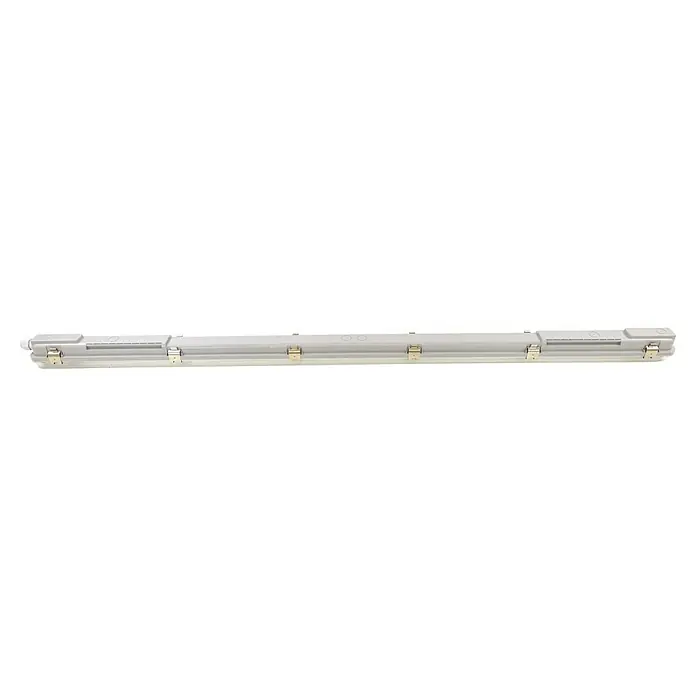 Voltolux Feuchtraumleuchte - L x B x H: 128,4 x 6,2 x 6 cm, Lichtfarbe: Tageslichtweiß, 14 W, IP65 - Eine weiße Leuchtstofflampe mit Metallklammern ist horizontal angeordnet.  Geeignet für Garage, Werkstatt oder Keller.