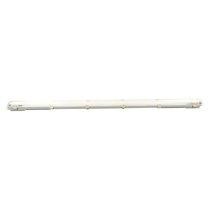 Voltolux Feuchtraumleuchte - L x B x H: 128,4 x 6,2 x 6 cm, Lichtfarbe: Tageslichtweiß, 14 W, IP65 - Nahaufnahme einer horizontalen Jalousie mit Lamellen, die mit Halterungen an einer Schiene befestigt sind. Ideal für Lichtsteuerung & Privatsphäre.