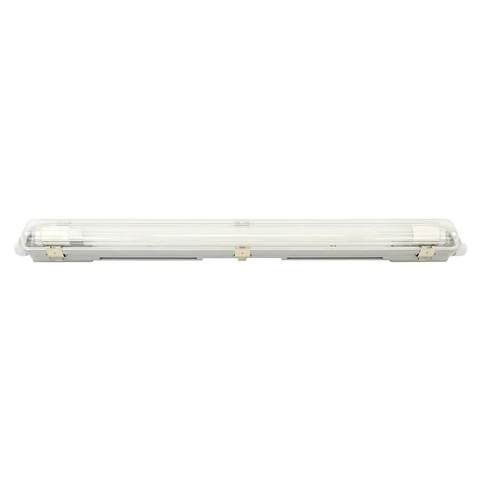 Profi Depot LED-Feuchtraumlichtleiste mit Durchverdrahtung - L x B x H: 128,4 x 6,2 x 6 cm, Lichtfarbe: Tageslichtweiß, 7,5 W, IP65 - Detailaufnahme einer weißen Feuchtraumleuchte, die robust und spritzwassergeschützt ist. Ideal für Keller oder Garagen.
