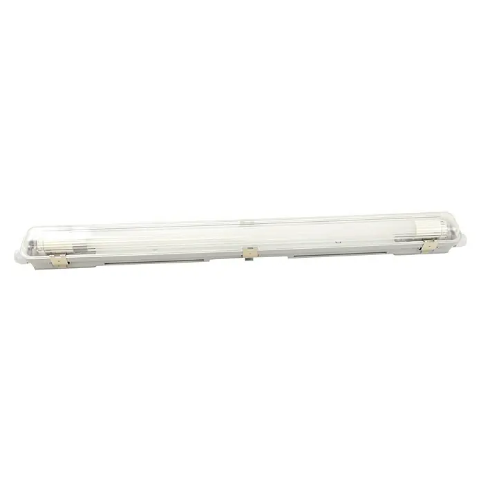 Profi Depot LED-Feuchtraumlichtleiste mit Durchverdrahtung - L x B x H: 67,5 x 6,2 x 6 cm, Lichtfarbe: Tageslichtweiß, 7,5 W, IP65 - Eine längliche, weiße Leuchtstofflampe mit klarem Schutzgehäuse und metallischen Befestigungsclips. Sorgt für helle und gleichmäßige Ausleuchtung.