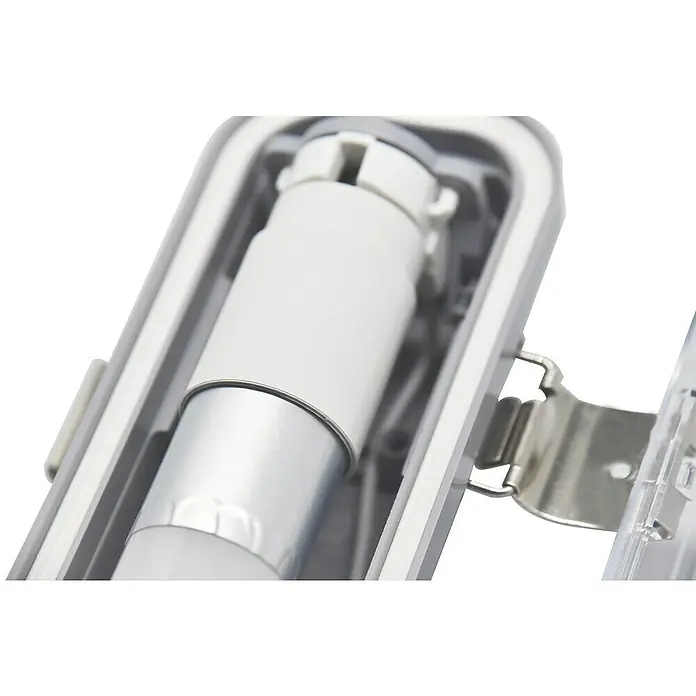 Profi Depot LED-Feuchtraumlichtleiste mit Durchverdrahtung - L x B x H: 128,4 x 6,2 x 6 cm, Lichtfarbe: Tageslichtweiß, 7,5 W, IP65 - Nahaufnahme einer Aufbewahrungsbox für Zahnbürsten mit einem schlanken, modernen Design und einem sicheren Verschlussmechanismus.
