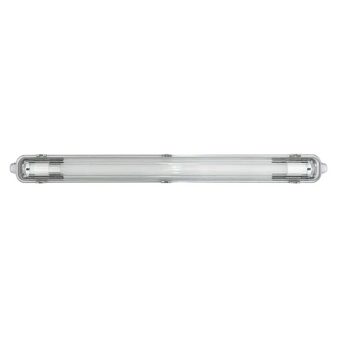 Voltolux Feuchtraumleuchte - L x B x H: 67,5 x 6,2 x 6 cm, Lichtfarbe: Tageslichtweiß, 7,5 W, IP65 - Ein längliches, transparentes LED-Leuchtelement mit Metallverstrebungen und einem klaren, modernen Design für Innenräume.