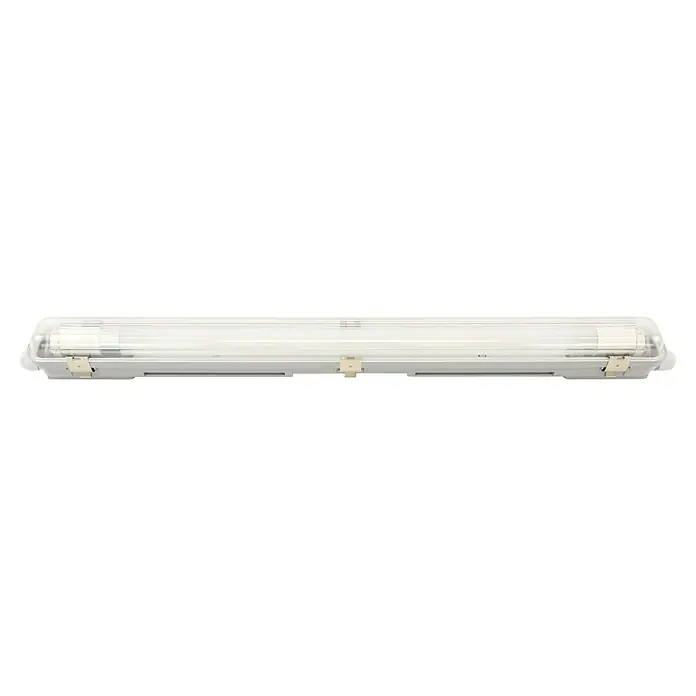 Voltolux Feuchtraumleuchte - L x B x H: 67,5 x 6,2 x 6 cm, Lichtfarbe: Tageslichtweiß, 7,5 W, IP65 - Eine weiße Feuchtraumleuchte mit einer langen, durchsichtigen Abdeckung und Klammern zur Befestigung. Ideal für Keller oder Garage.