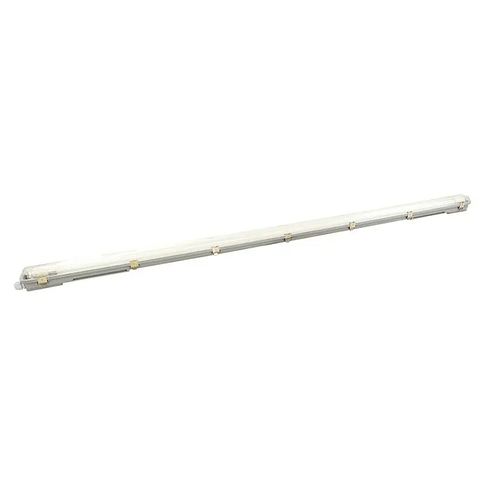 Voltolux Feuchtraumleuchte - L x B x H: 158,4 x 6,2 x 6 cm, Lichtfarbe: Tageslichtweiß, 19 W, IP65 - Das Bild zeigt eine lange LED-Leuchtstoffröhre, die sich horizontal über das Bild erstreckt, befestigt mit mehreren Halteklammern.