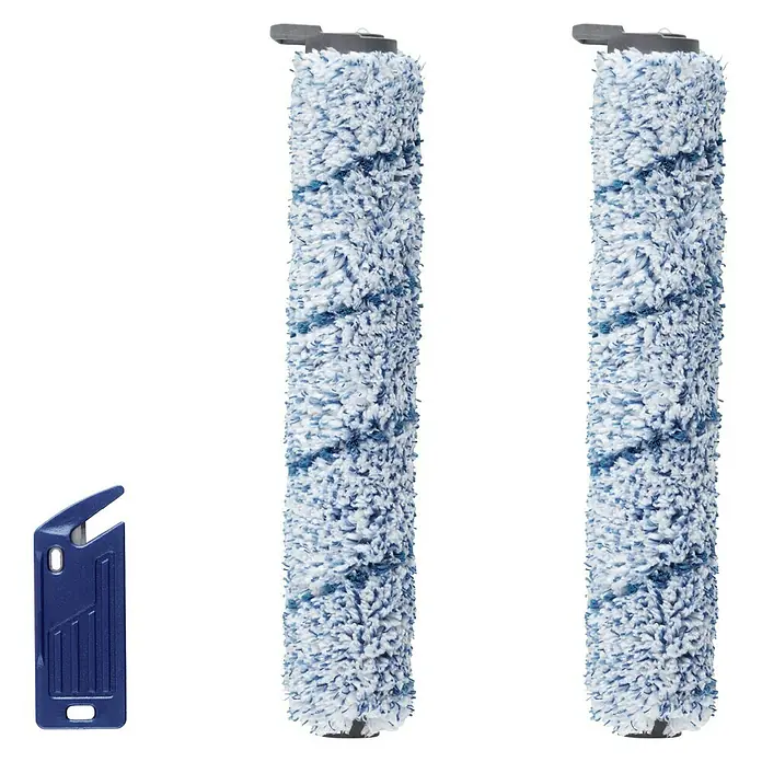 Nilfisk Walzen-Set - Passend für: Nilfisk Hartbodenreiniger Combi, 3 -tlg. - Bild von zwei rotierenden Reinigungsbürsten und einem blauen Reinigungswerkzeug.