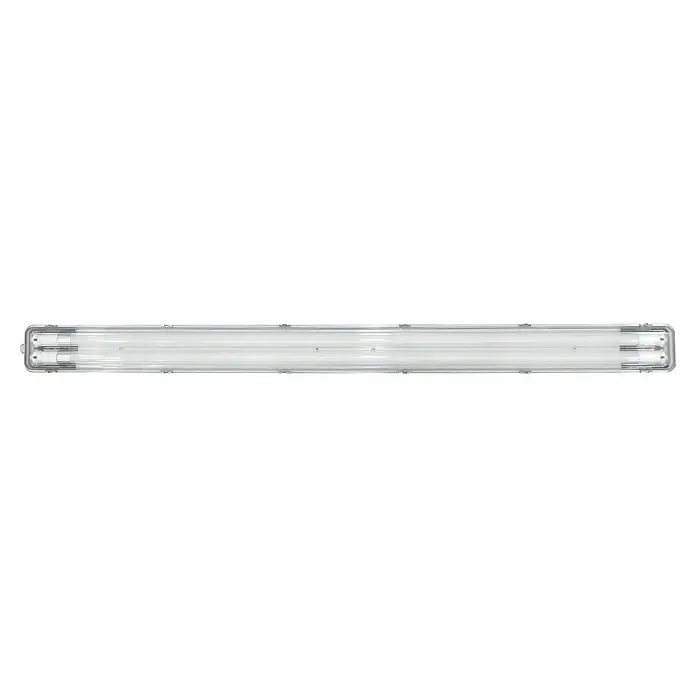 Voltolux Feuchtraumleuchte - L x B x H: 128,4 x 9,6 x 6 cm, Lichtfarbe: Tageslichtweiß, 28 W, IP65 - Eine längliche, wasserdichte Leuchtstofflampe mit transparentem Gehäuse, die für den Einsatz in feuchten Umgebungen geeignet ist.