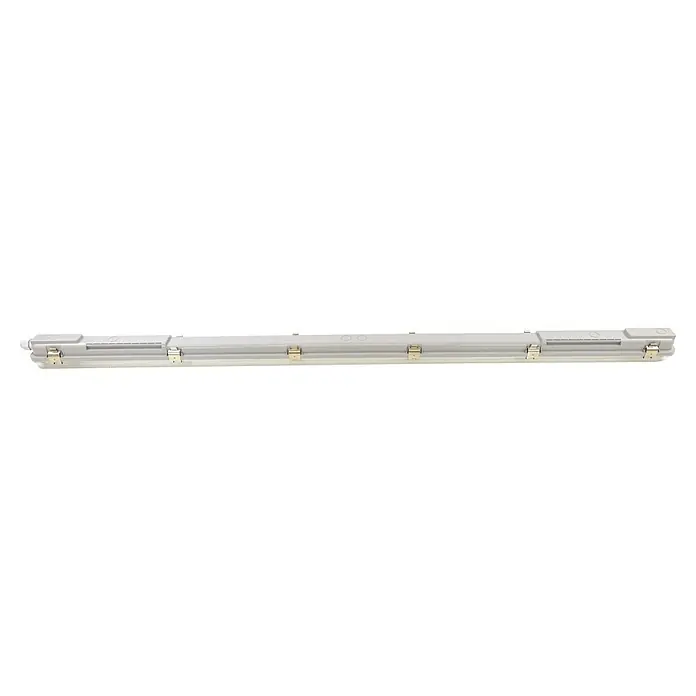 Profi Depot LED-Feuchtraumlichtleiste mit Durchverdrahtung - L x B x H: 128,4 x 6,2 x 6 cm, Lichtfarbe: Tageslichtweiß, 14 W, IP65 - Nahaufnahme einer weißen LED-Leuchte mit silbernen Befestigungsclips, die modernes Design und Funktionalität vereint.