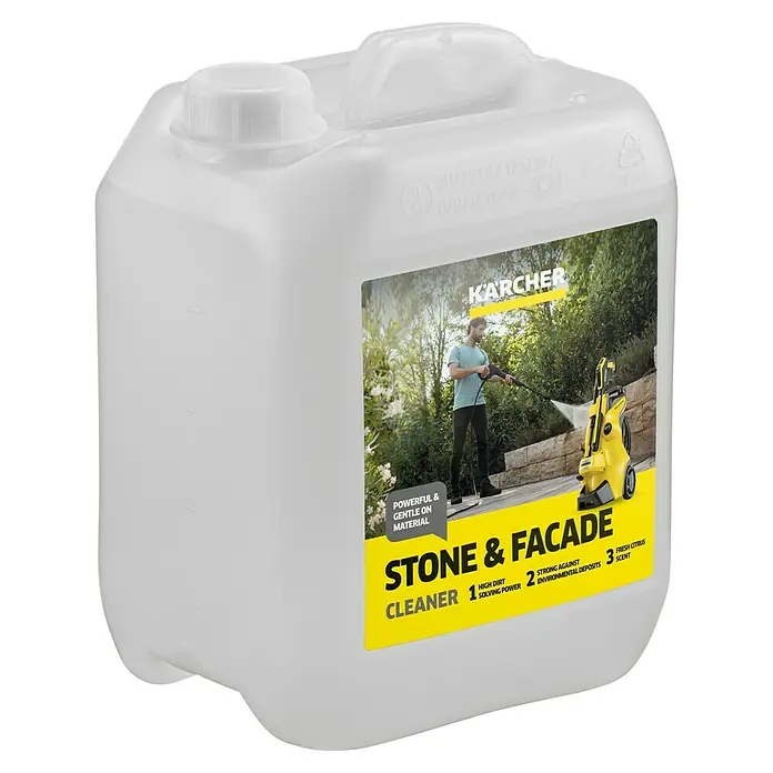 Kärcher Stein- & Fassadenreiniger - 5 l - Eine weiße Flasche Kärcher Stein- und Fassadenreiniger, die für kraftvolle und schonende Reinigung von Aussenbereichen entwickelt wurde.