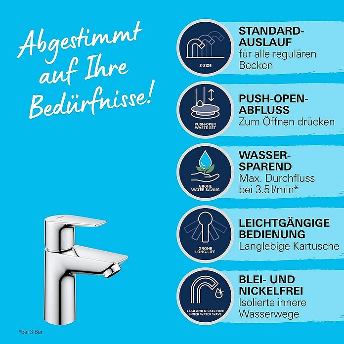 Grohe QuickFix Start Edge Waschtischarmatur S-Size (Ausladung: 93 mm, Chrom, Glänzend) | BAUHAUS