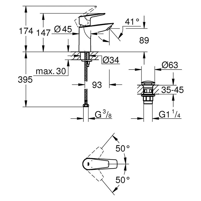 Grohe QuickFix Start Edge Waschtischarmatur S-Size (Ausladung: 93 mm, Chrom, Glänzend) | BAUHAUS