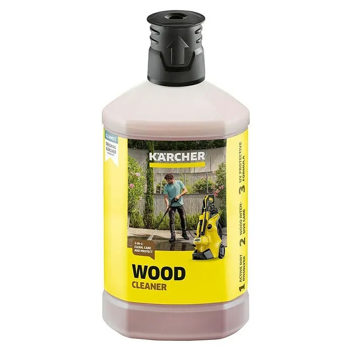 Kärcher Holzreiniger - 1 l - Die Kärcher Holzreiniger Flasche bietet eine 3-in-1 Formel für Reinigung, Pflege und Schutz von Holzoberflächen mit UV-Schutz.