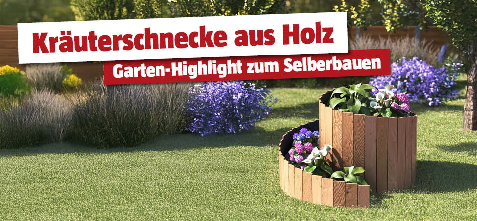 Selbstgemacht Kräuterschnecke aus Holz im Garten mit Blumen befüllt, Titel Kräuterschnecke aus Holz