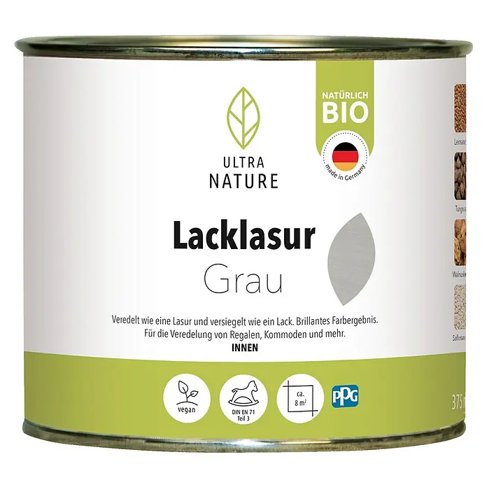 Ultra Nature BIO Lacklasur - Grau, 375 ml, Seidenglänzend - Dose Ultra Nature Lacklasur Grau, ein natürliches, veganes Produkt zur Veredelung von Möbeln und Regalen im Innenbereich.
