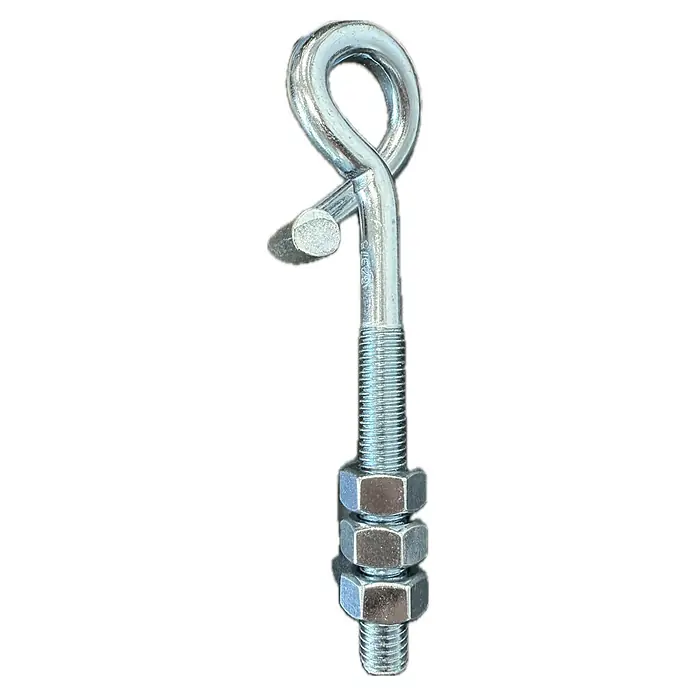 Stabilit Schaukelhaken - Ø x L: 12 x 160 mm, Gewindeart: Metrisches Gewinde, Stahl - Ein silberfarbener Gewindebolzen mit einem gebogenen Haken und drei Sechskantmuttern, ideal für robuste Befestigungen.