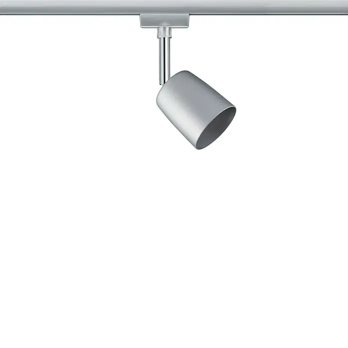 Paulmann URail LED-Spot Cover - 10 W, Chrom, GU10 - Das Bild zeigt eine moderne, graue Schienenleuchte, die an einer silbernen Schiene befestigt ist und ein minimalistisches Design aufweist.