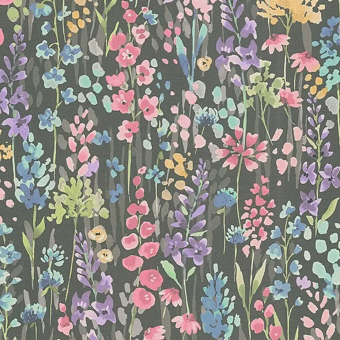 A.S. Création Aquarell Dreams Vliestapete - Schwarz-Bunt, Floral, 10,05 x 0,53 m - Blumenmuster auf dunklem Hintergrund mit zarten Blüten in Rosa, Lila und Blau für Stoffe, Tapeten und Wohnaccessoires.