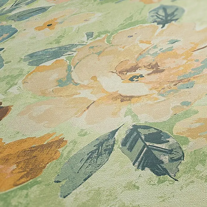A.S. Création Aquarell Dreams Vliestapete - Bunt-Grün, Floral, 10,05 x 0,53 m - Detailaufnahme eines floralen Tapetenmusters mit zarten Blüten und Blättern in sanften Gelb- und Grüntönen für eine ruhige Raumatmosphäre.