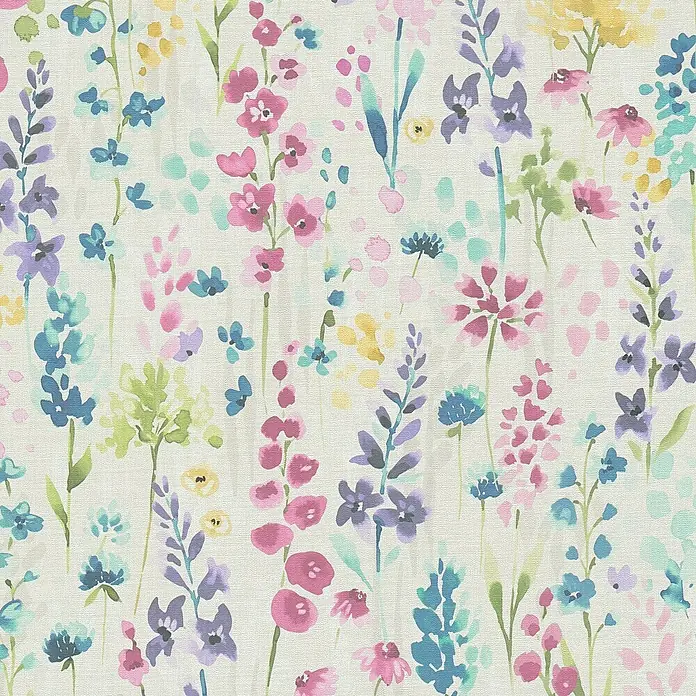 A.S. Création Aquarell Dreams Vliestapete - Weiß-Bunt, Floral, 10,05 x 0,53 m - Zarter Stoff mit Blumenmuster in verschiedenen Farben wie Rosa, Lila, Gelb und Blau auf hellem Grund.