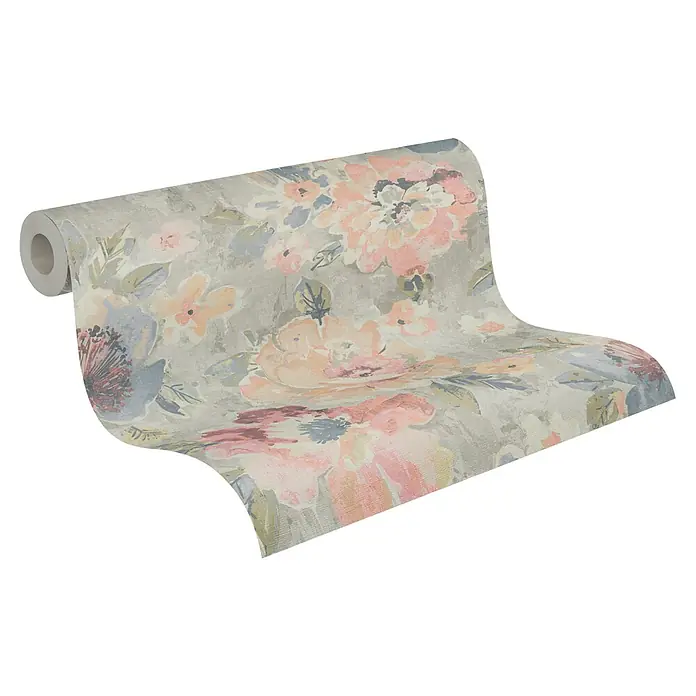 A.S. Création Aquarell Dreams Vliestapete - Bunt-Grau, Floral, 10,05 x 0,53 m - Eine Rolle Tapete mit einem floralen Muster in sanften Rosa- und Blautönen vor einem dezenten, grauen Hintergrund für eine stilvolle Wandgestaltung.