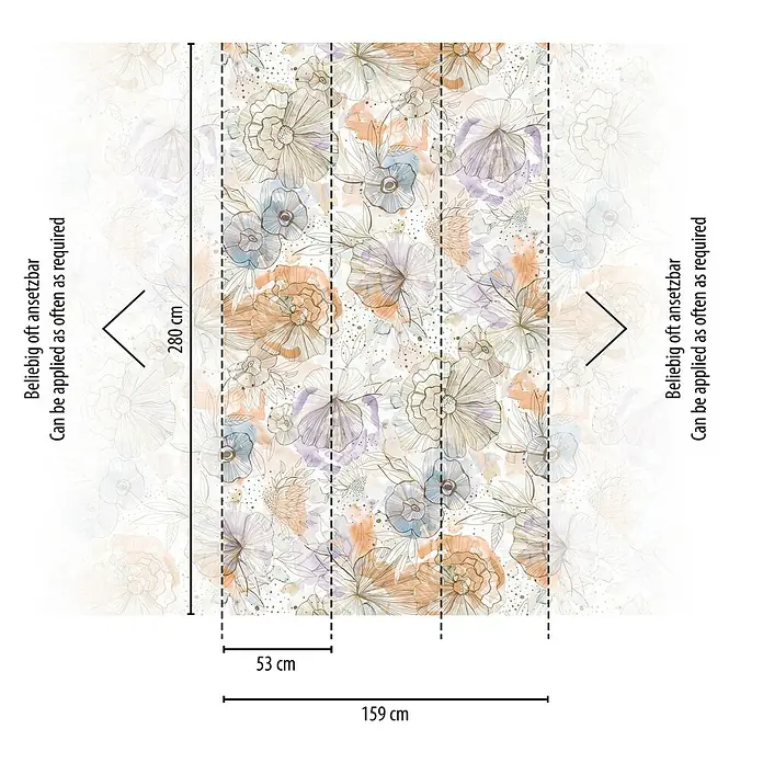 A.S. Création Aquarell Dreams Fototapete Blütenbukett - B x H: 159 x 280 cm, Vlies, Pastell Beige-Orange - Detailansicht der floral gemusterten Vliestapete mit Maßangaben für Breite (53 cm & 159 cm) und Länge (280 cm).