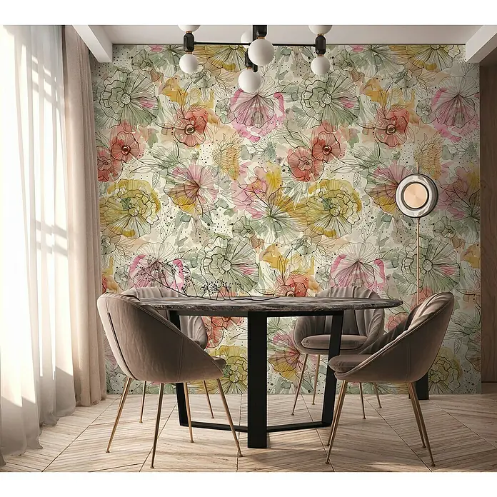 A.S. Création Aquarell Dreams Fototapete Blütenbukett - B x H: 159 x 280 cm, Vlies, Beige-Orange - Eleganter Esstisch mit Stühlen vor einer floralen Wand, ideal für stilvolle Esszimmer.