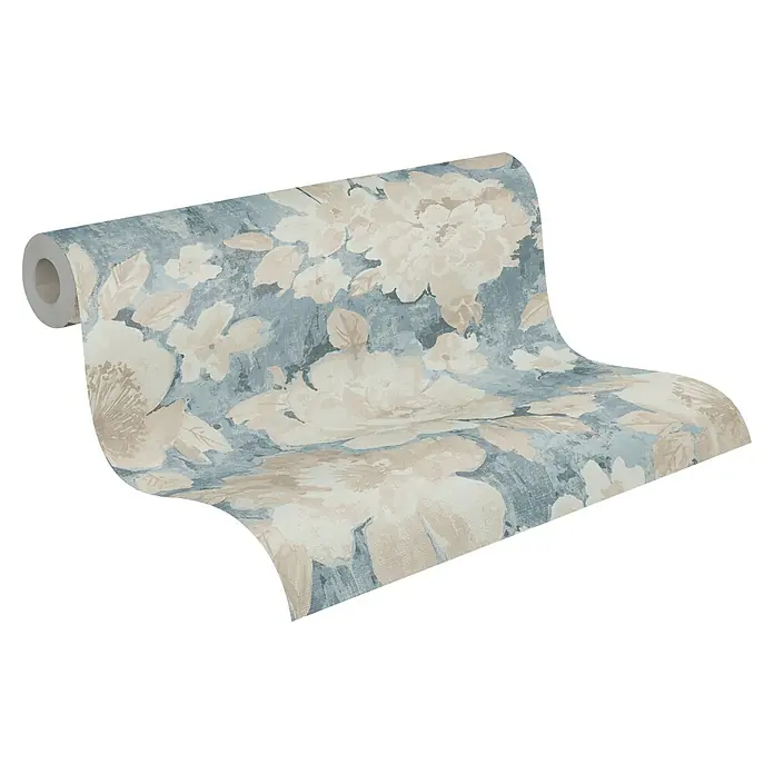 A.S. Création Aquarell Dreams Vliestapete - Blau-Beige, Floral, 10,05 x 0,53 m - Eine Rolle stilvoller Vliestapete mit zartem Blumenmuster in Beige und Blau, ideal für ein elegantes Wohnambiente.
