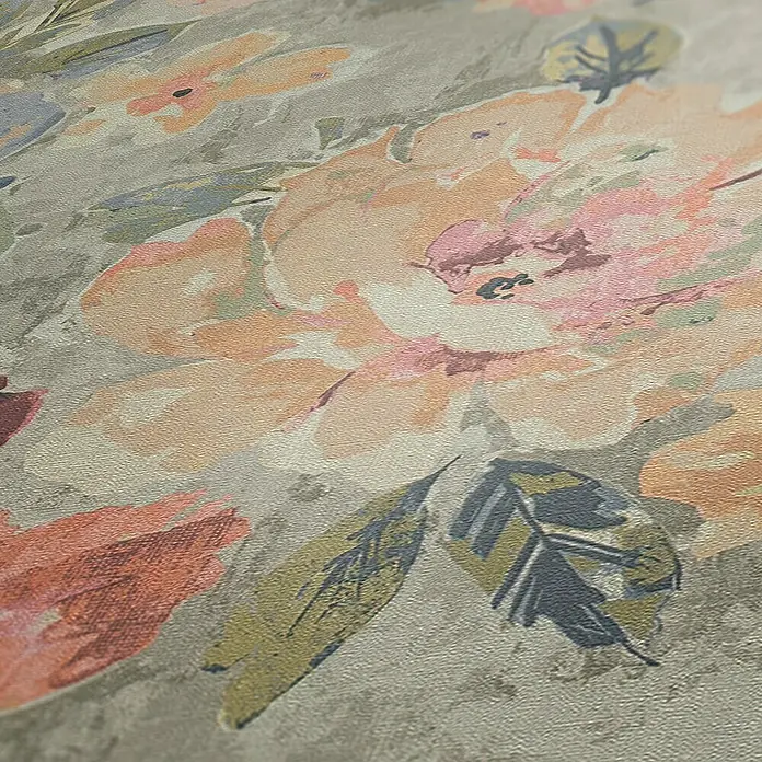 A.S. Création Aquarell Dreams Vliestapete - Bunt-Grau, Floral, 10,05 x 0,53 m - Detailaufnahme einer Tapete mit großflächigem floralem Muster in sanften Farbnuancen, ideal für eine elegante Wandgestaltung.
