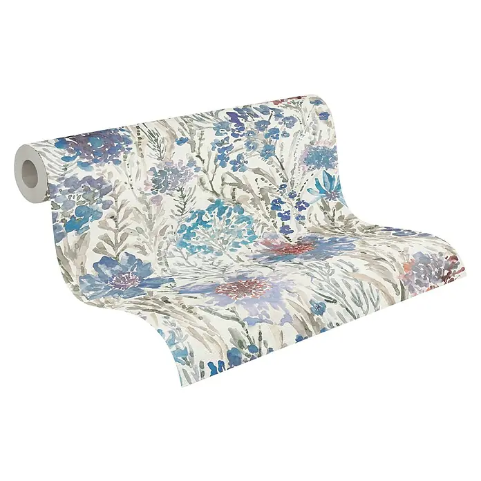A.S. Création Aquarell Dreams Vliestapete - Blau-Weiß, Floral, 10,05 x 0,53 m - Eine Rolle Aquarell-Tapete mit floralem Design in Blau-, Lila- und Grautönen auf weißem Grund. Ideal für eine stilvolle Wandgestaltung.