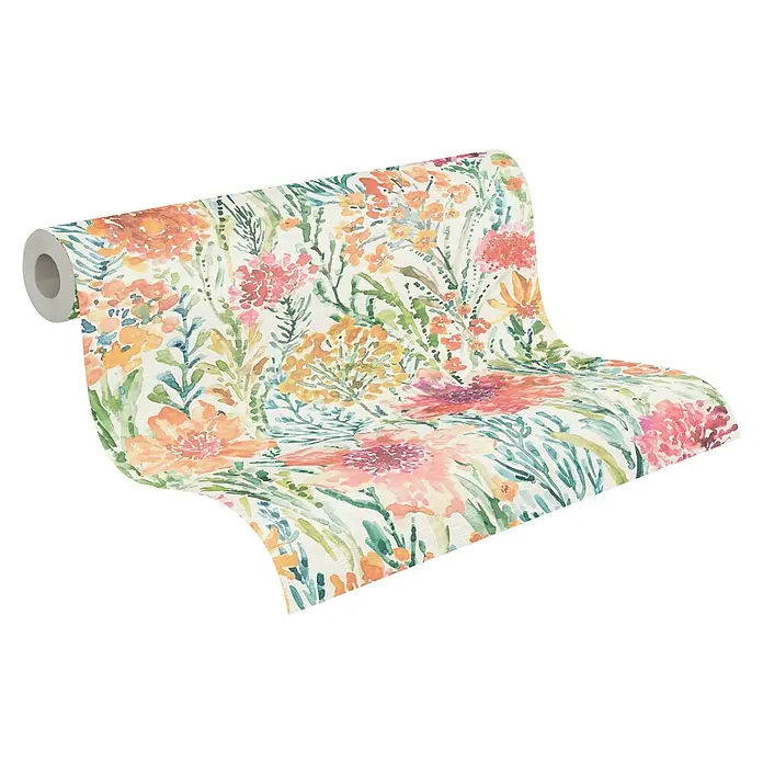A.S. Création Aquarell Dreams Vliestapete - Grün-Orange, Floral, 10,05 x 0,53 m - Eine Rolle bunte, blumige Vliestapete mit zarten Blüten und Blättern. Ideal für eine lebendige Wandgestaltung und frisches Ambiente.