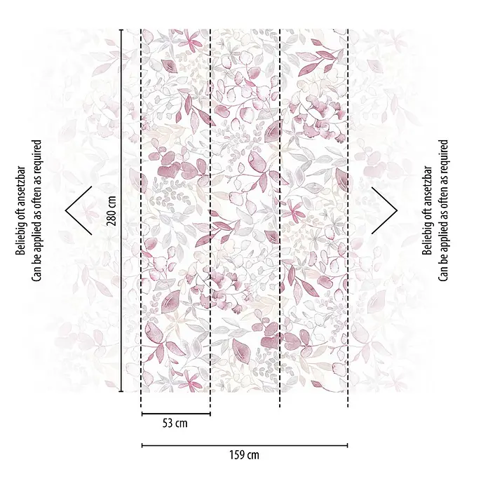 A.S. Création Aquarell Dreams Fototapete Blätterranke - B x H: 159 x 280 cm, Vlies, Rosa - Eine Illustration der floralen Tapete mit den Maßen 280 cm Höhe und 159 cm Breite, die beliebig oft angesetzt werden kann.