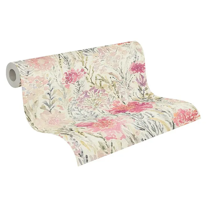 A.S. Création Aquarell Dreams Vliestapete - Grün-Rot, Floral, 10,05 x 0,53 m - Rolle Tapete mit zartem Blumenmuster in Rosa- und Lilatönen, ideal für ein elegantes und frisches Raumambiente. Dekoratives Wanddesign.