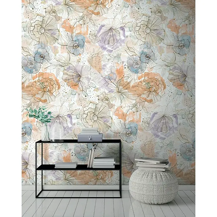 A.S. Création Aquarell Dreams Fototapete Blütenbukett - B x H: 159 x 280 cm, Vlies, Pastell Beige-Orange - Floral gemustertes Wandbild mit einem modernen schwarzen Regal, das Bücher und eine Vase mit Blumen trägt.