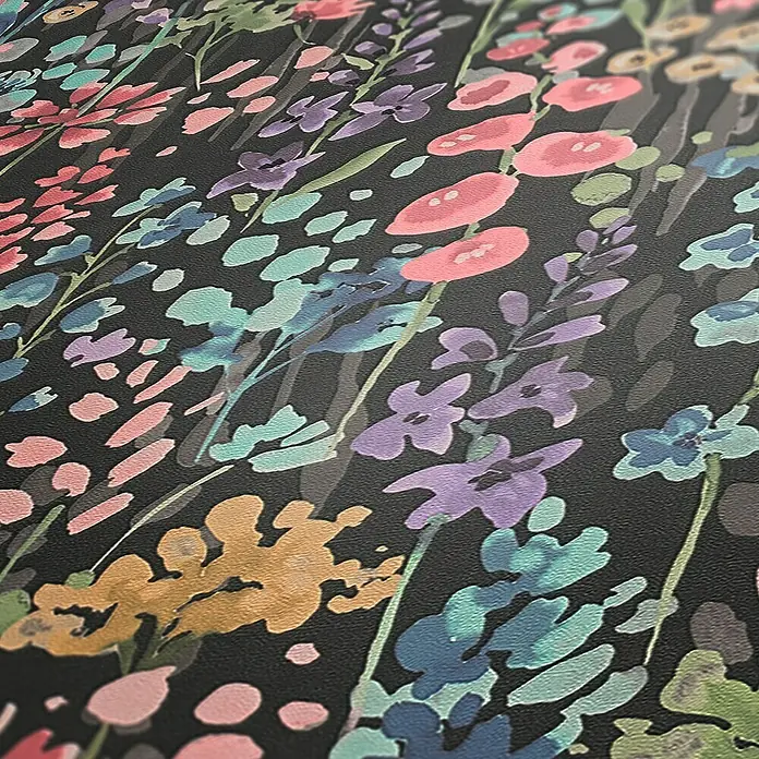 A.S. Création Aquarell Dreams Vliestapete - Schwarz-Bunt, Floral, 10,05 x 0,53 m - Blumenmuster auf dunklem Grund.