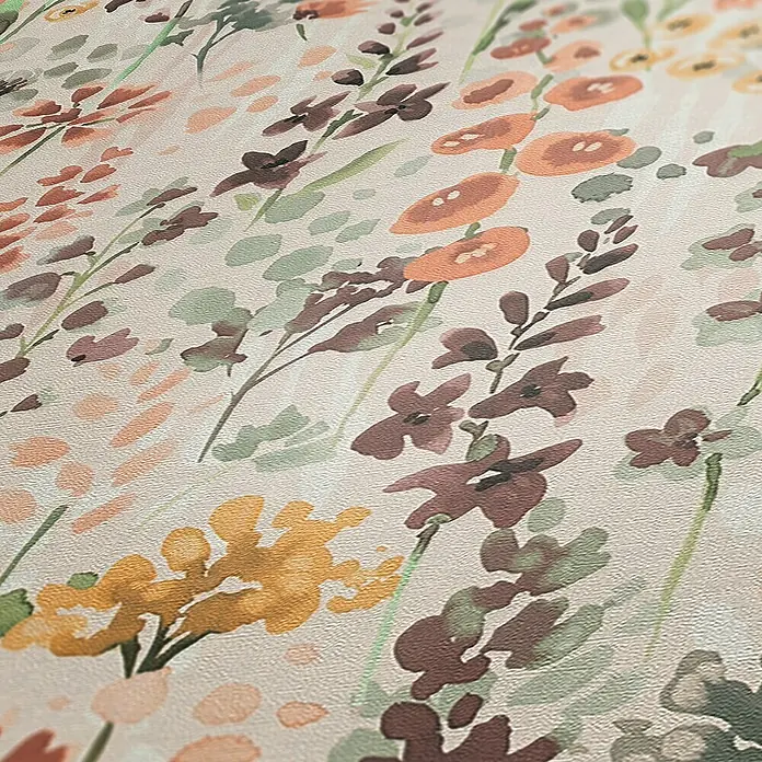 A.S. Création Aquarell Dreams Vliestapete - Beige-Bunt, Floral, 10,05 x 0,53 m - Nahaufnahme einer Tapete mit floralem Muster in Braun-, Gelb- und Orangetönen. Das Design wirkt handgemalt und verleiht jedem Raum eine warme Note.