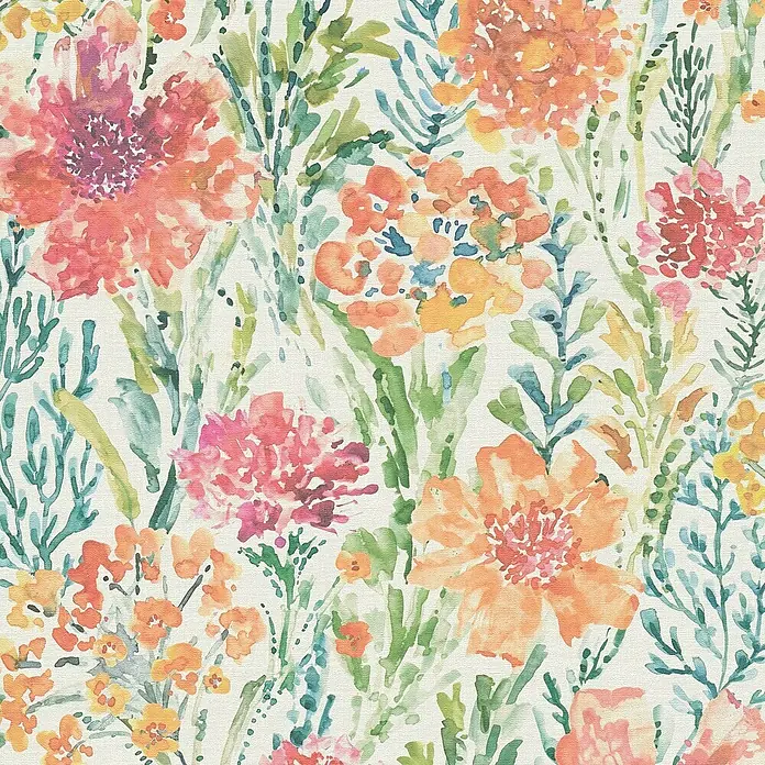 A.S. Création Aquarell Dreams Vliestapete - Grün-Orange, Floral, 10,05 x 0,53 m - Aquarellmuster mit üppigen Blumen in leuchtenden Farben.