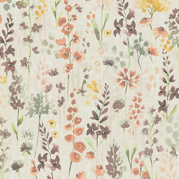 A.S. Création Aquarell Dreams Vliestapete - Beige-Bunt, Floral, 10,05 x 0,53 m - Ein zartes Blumenmuster mit Wildblumen in Orange, Gelb und Violett auf hellem Leinengrund. Ideal für sommerliche Dekorationen und Textilien.