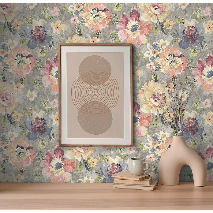 A.S. Création Aquarell Dreams Vliestapete - Bunt-Grau, Floral, 10,05 x 0,53 m - Blumentapete in Grau mit einem Bilderrahmen, einer Vase und einem Stapel Bücher auf einem Holztisch. Schafft eine warme Atmosphäre.