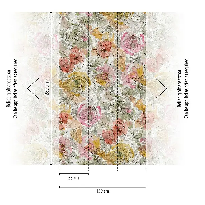 A.S. Création Aquarell Dreams Fototapete Blütenbukett - B x H: 159 x 280 cm, Vlies, Beige-Orange - Abbildung der Blumentapete mit den Maßen 280 x 159 cm. Die Tapete kann nach Bedarf beliebig oft angesetzt werden.