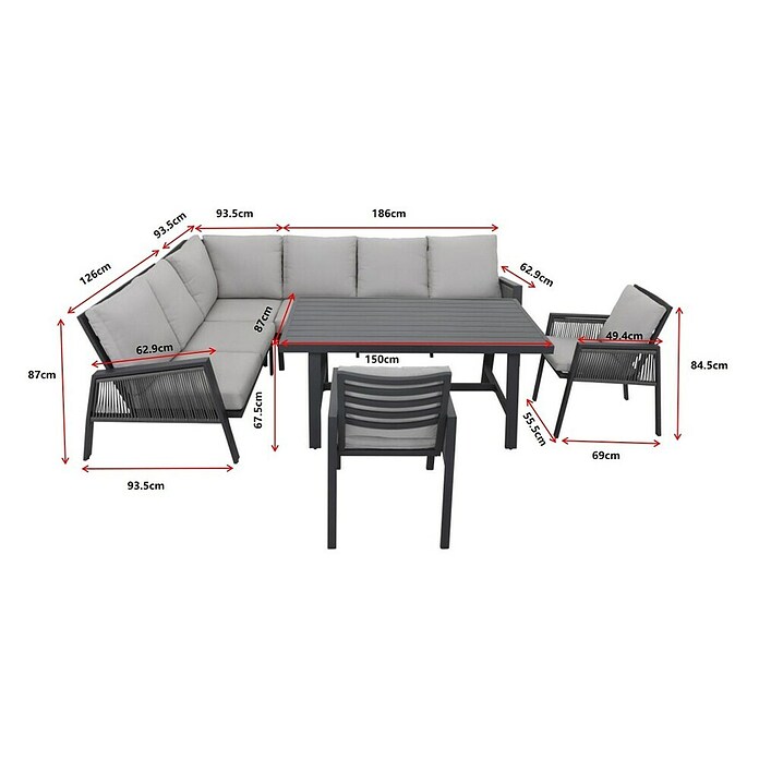 Sunfun Conjunto de muebles Moira (4 pzs., Aluminio/Cuerda sintética, Antracita) | BAUHAUS